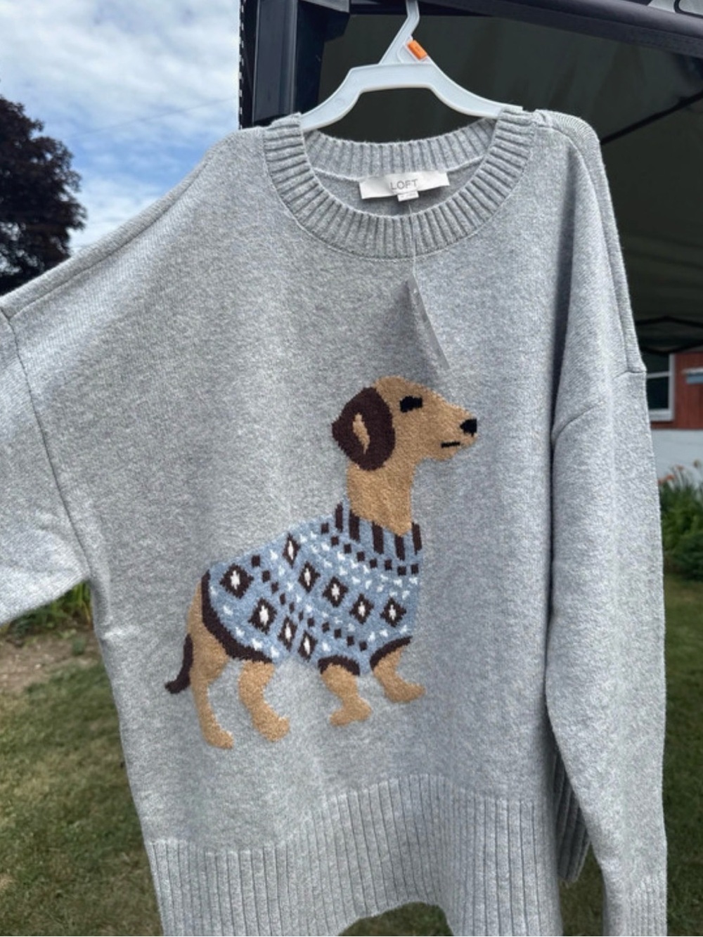 LOFT Light Gray Knit Pullover with Dog Motif
